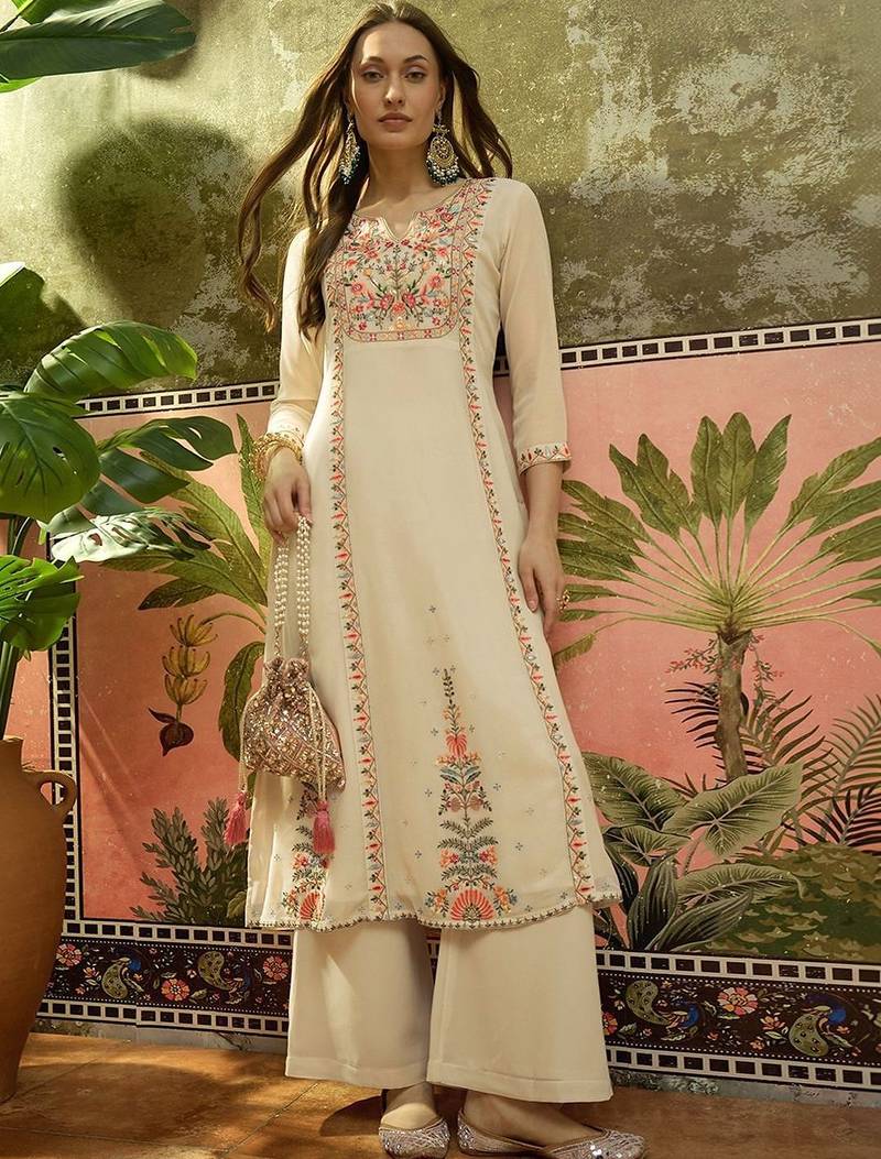 Embroidered georgette round neck kurta & palazzos kurta set