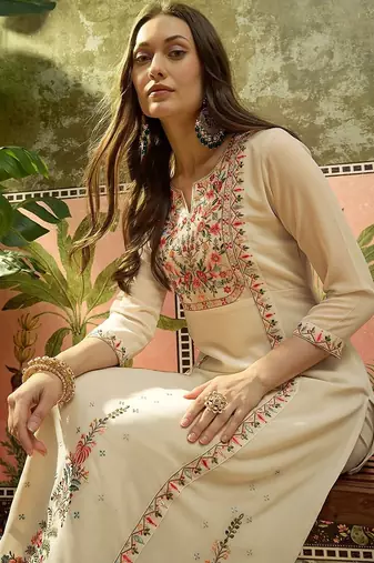 Embroidered georgette round neck kurta & palazzos kurta set