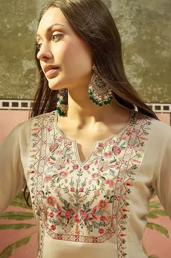 Embroidered georgette round neck kurta & palazzos kurta set