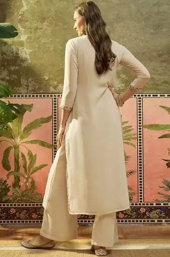 Embroidered georgette round neck kurta & palazzos kurta set