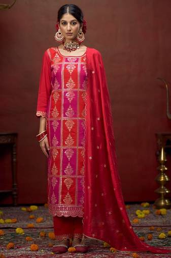 Zari sequence embroidered straight kurta & trousers with dupatta