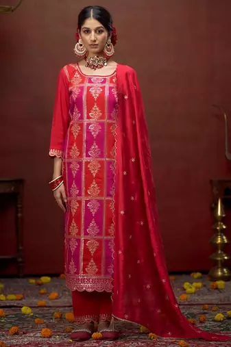 Zari sequence embroidered straight kurta & trousers with dupatta