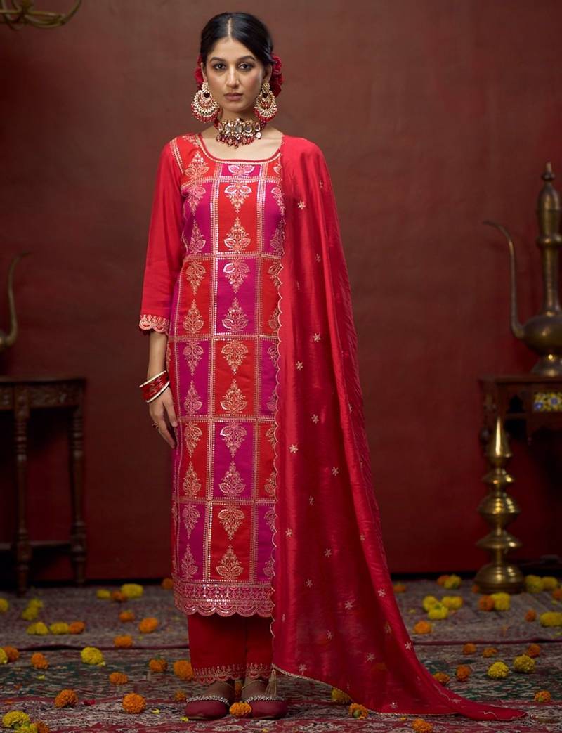 Zari sequence embroidered straight kurta & trousers with dupatta