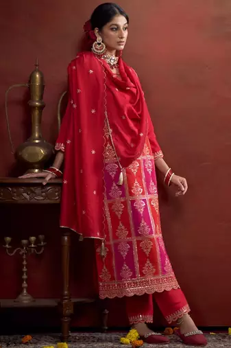 Zari sequence embroidered straight kurta & trousers with dupatta