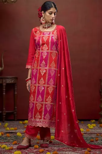 Zari sequence embroidered straight kurta & trousers with dupatta