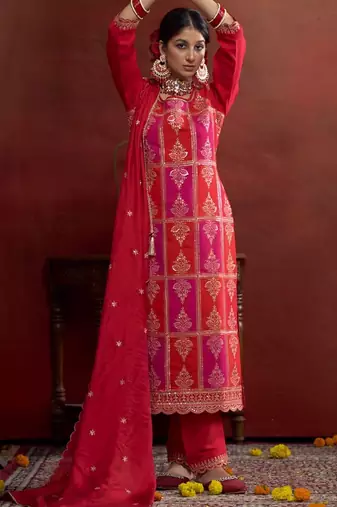 Zari sequence embroidered straight kurta & trousers with dupatta