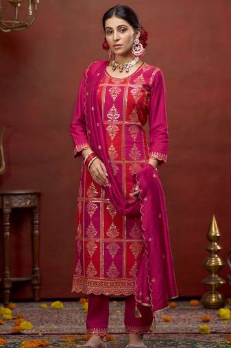 Zari sequence embroidered straight kurta & trousers with dupatta