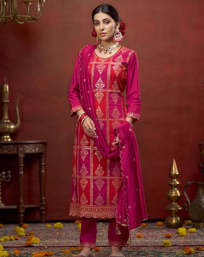 Zari sequence embroidered straight kurta & trousers with dupatta