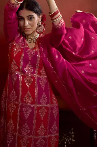 Zari sequence embroidered straight kurta & trousers with dupatta