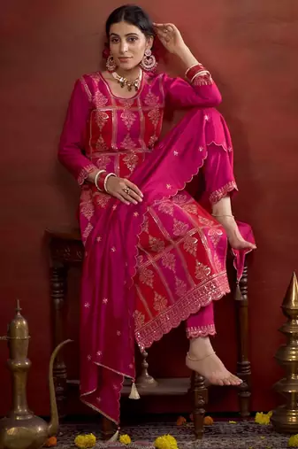 Zari sequence embroidered straight kurta & trousers with dupatta