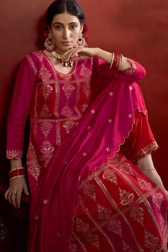 Zari sequence embroidered straight kurta & trousers with dupatta