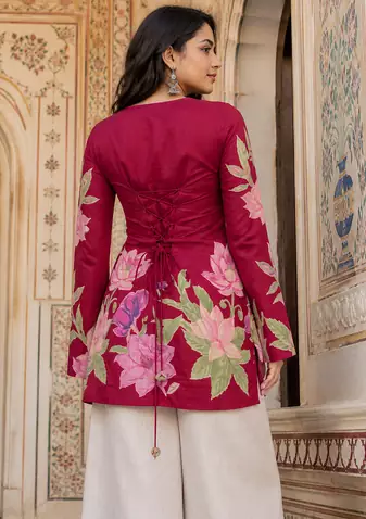 Maroon floral printed cotton tunic short kurti top for women