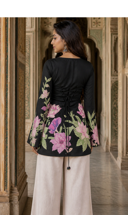 Black floral printed cotton tunic short kurti top for women 5