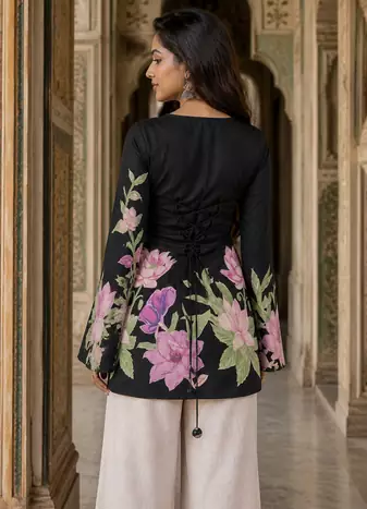 Black floral printed cotton tunic short kurti top for women