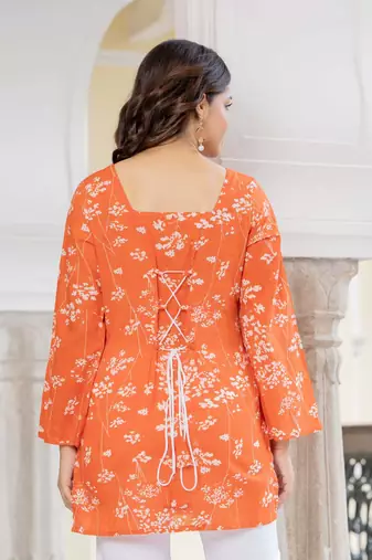 Orange floral printed cotton tunic short kurti top for women