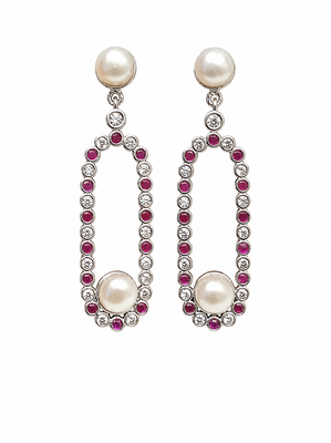 Pearl and ruby cz drop earrings, 925 sterling silver  1