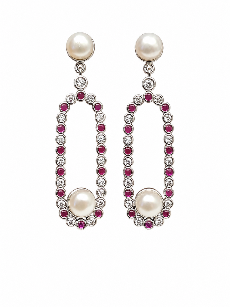 Pearl and ruby cz drop earrings, 925 sterling silver 