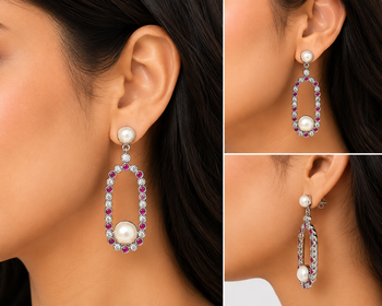 Pearl and ruby cz drop earrings, 925 sterling silver  2