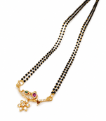 Traditional double strand black bead mangalsutra with gold-toned floral cz pendant, ruby & emerald accents