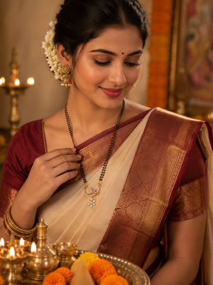 Traditional double strand black bead mangalsutra with gold-toned floral cz pendant, ruby & emerald accents 2