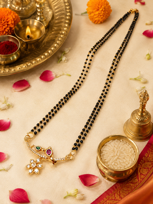 Traditional double strand black bead mangalsutra with gold-toned floral cz pendant, ruby & emerald accents 3