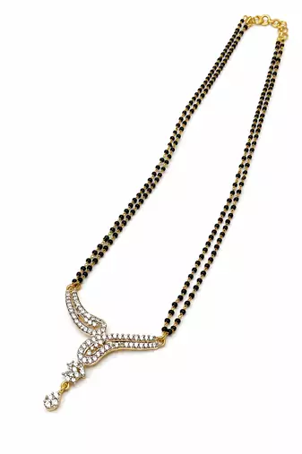 Double strand black bead mangalsutra with cz stone gold-toned pendant, traditional indian jewellery