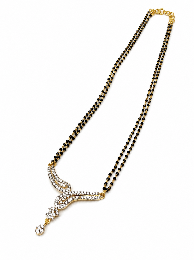 Double strand black bead mangalsutra with cz stone gold-toned pendant, traditional indian jewellery