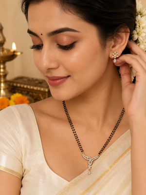 Double strand black bead mangalsutra with cz stone gold-toned pendant, traditional indian jewellery 2