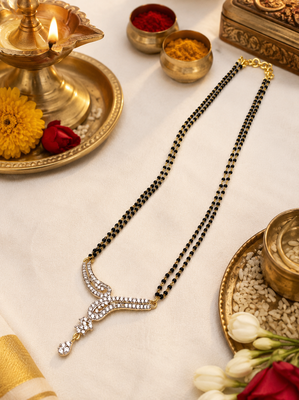 Double strand black bead mangalsutra with cz stone gold-toned pendant, traditional indian jewellery 3