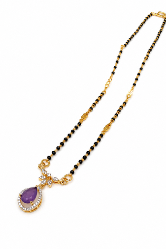 Gold-plated mangalsutra with purple teardrop pendant, black beads chain, cz stone, traditional indian jewellery