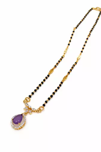 Gold-plated mangalsutra with purple teardrop pendant, black beads chain, cz stone, traditional indian jewellery