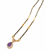 Gold-plated mangalsutra with purple teardrop pendant, black beads chain, cz stone, traditional indian jewellery