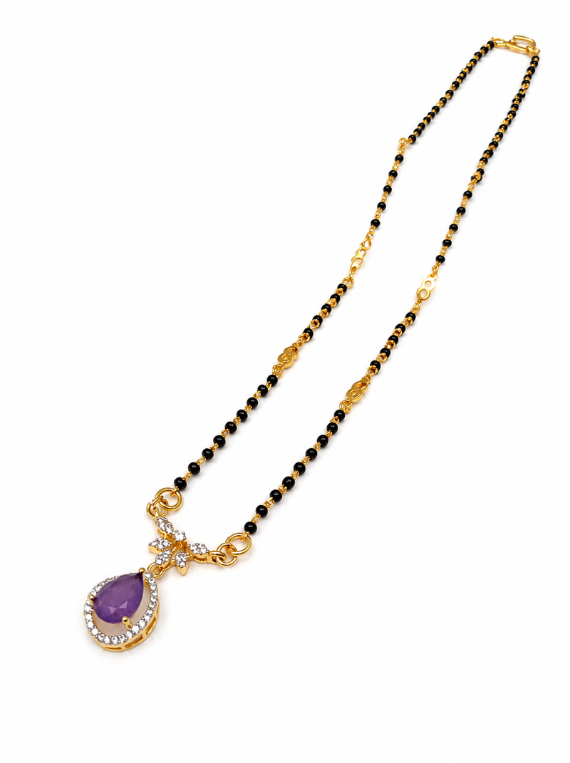 Gold-plated mangalsutra with purple teardrop pendant, black beads chain, cz stone, traditional indian jewellery