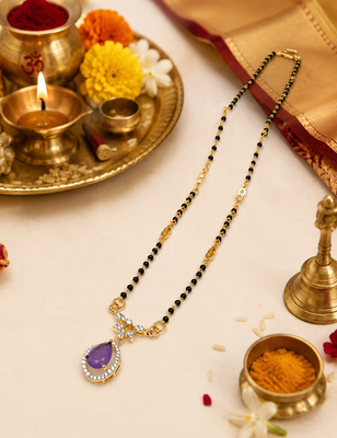 Gold-plated mangalsutra with purple teardrop pendant, black beads chain, cz stone, traditional indian jewellery 3