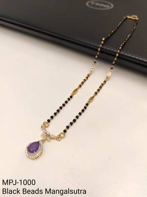 Gold-plated mangalsutra with purple teardrop pendant, black beads chain, cz stone, traditional indian jewellery 4