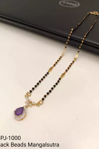Gold-plated mangalsutra with purple teardrop pendant, black beads chain, cz stone, traditional indian jewellery