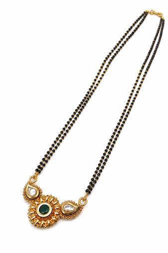 Traditional mangalsutra with double strand black beads, gold-toned kundan pendant, green stone
