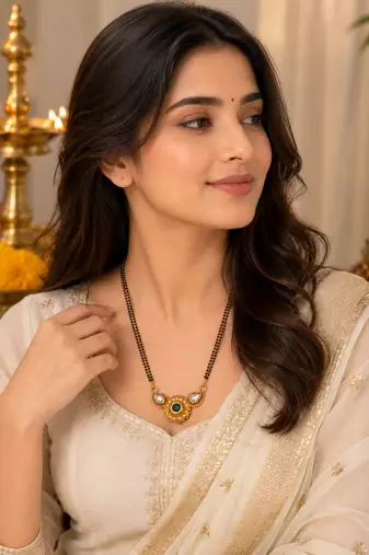 Traditional mangalsutra with double strand black beads, gold-toned kundan pendant, green stone