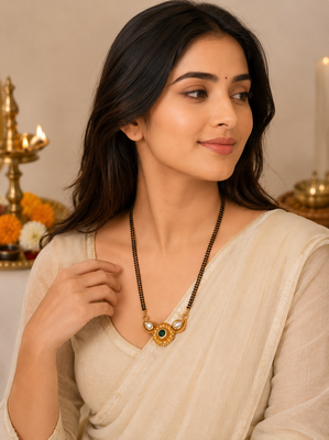 Traditional mangalsutra with double strand black beads, gold-toned kundan pendant, green stone 4