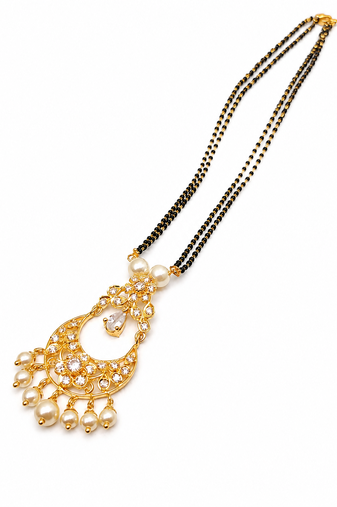 Gold-toned double strand black bead mangalsutra with chandbali pendant, pearl and kundan embellishments