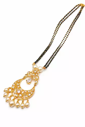 Gold-toned double strand black bead mangalsutra with chandbali pendant, pearl and kundan embellishments