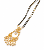 Gold-toned double strand black bead mangalsutra with chandbali pendant, pearl and kundan embellishments