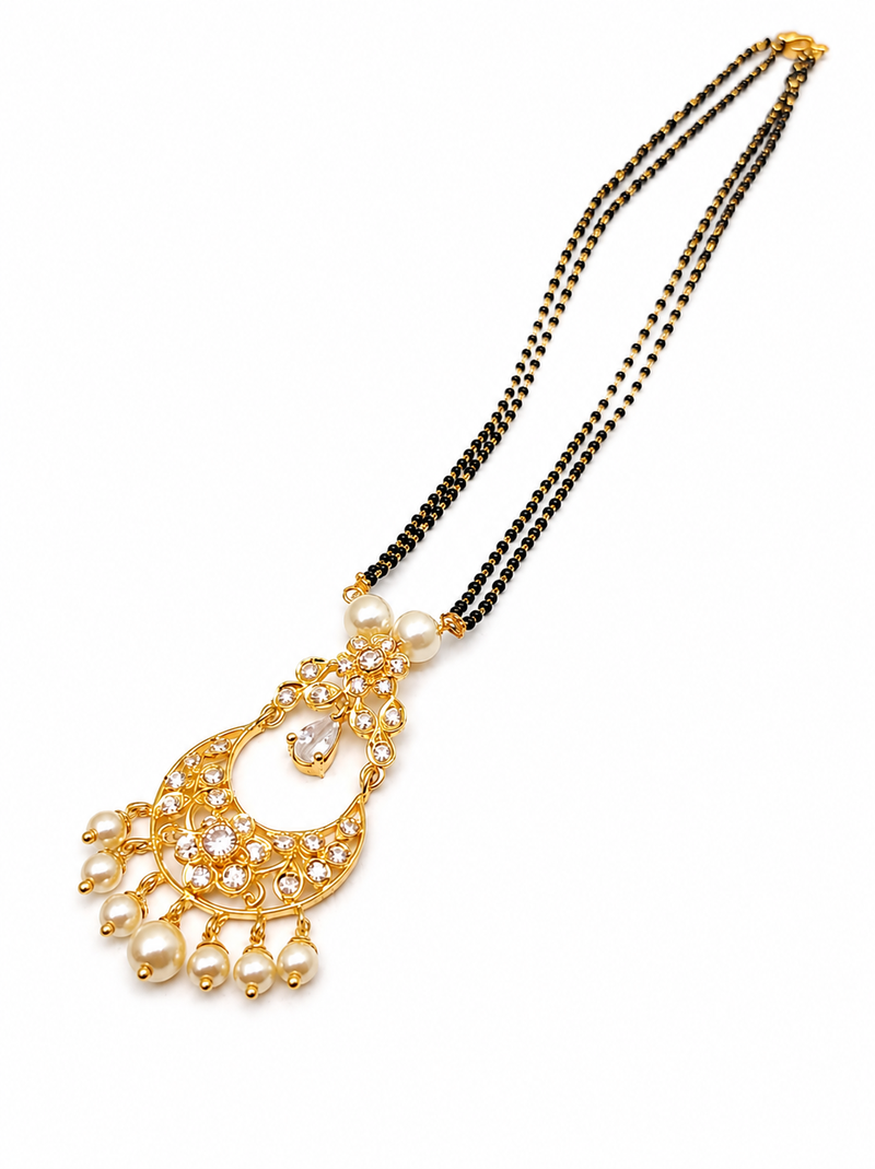 Gold-toned double strand black bead mangalsutra with chandbali pendant, pearl and kundan embellishments