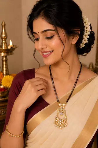 Gold-toned double strand black bead mangalsutra with chandbali pendant, pearl and kundan embellishments