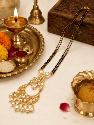 Gold-toned double strand black bead mangalsutra with chandbali pendant, pearl and kundan embellishments 3