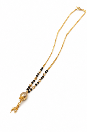 Gold-plated mangalsutra with black beads, long chain, filigree ball pendant with tassel, traditional indian jewellery