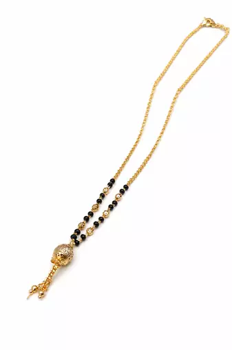 Gold-plated mangalsutra with black beads, long chain, filigree ball pendant with tassel, traditional indian jewellery