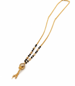 Gold-plated mangalsutra with black beads, long chain, filigree ball pendant with tassel, traditional indian jewellery