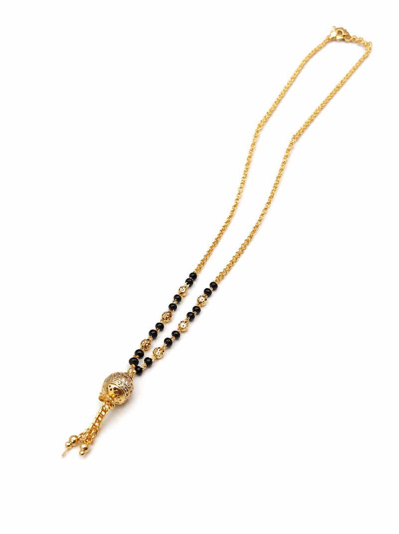 Gold-plated mangalsutra with black beads, long chain, filigree ball pendant with tassel, traditional indian jewellery