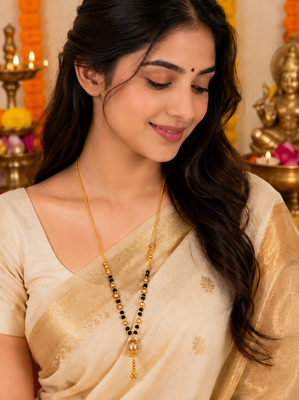 Gold-plated mangalsutra with black beads, long chain, filigree ball pendant with tassel, traditional indian jewellery 2